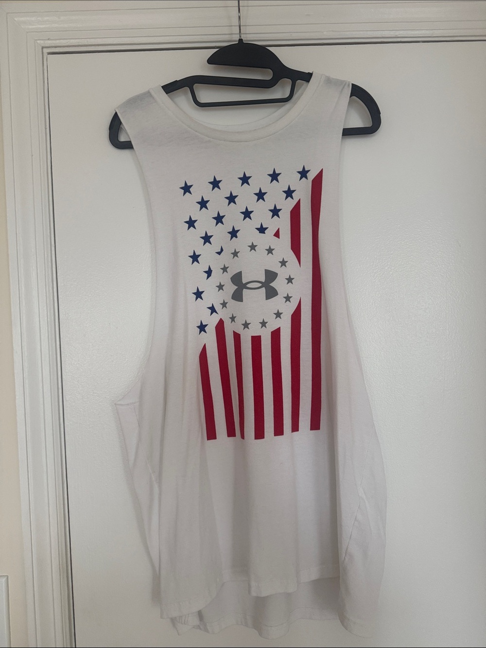 Under Armour White Muscle Tank with Red & Blue Flag Graphic